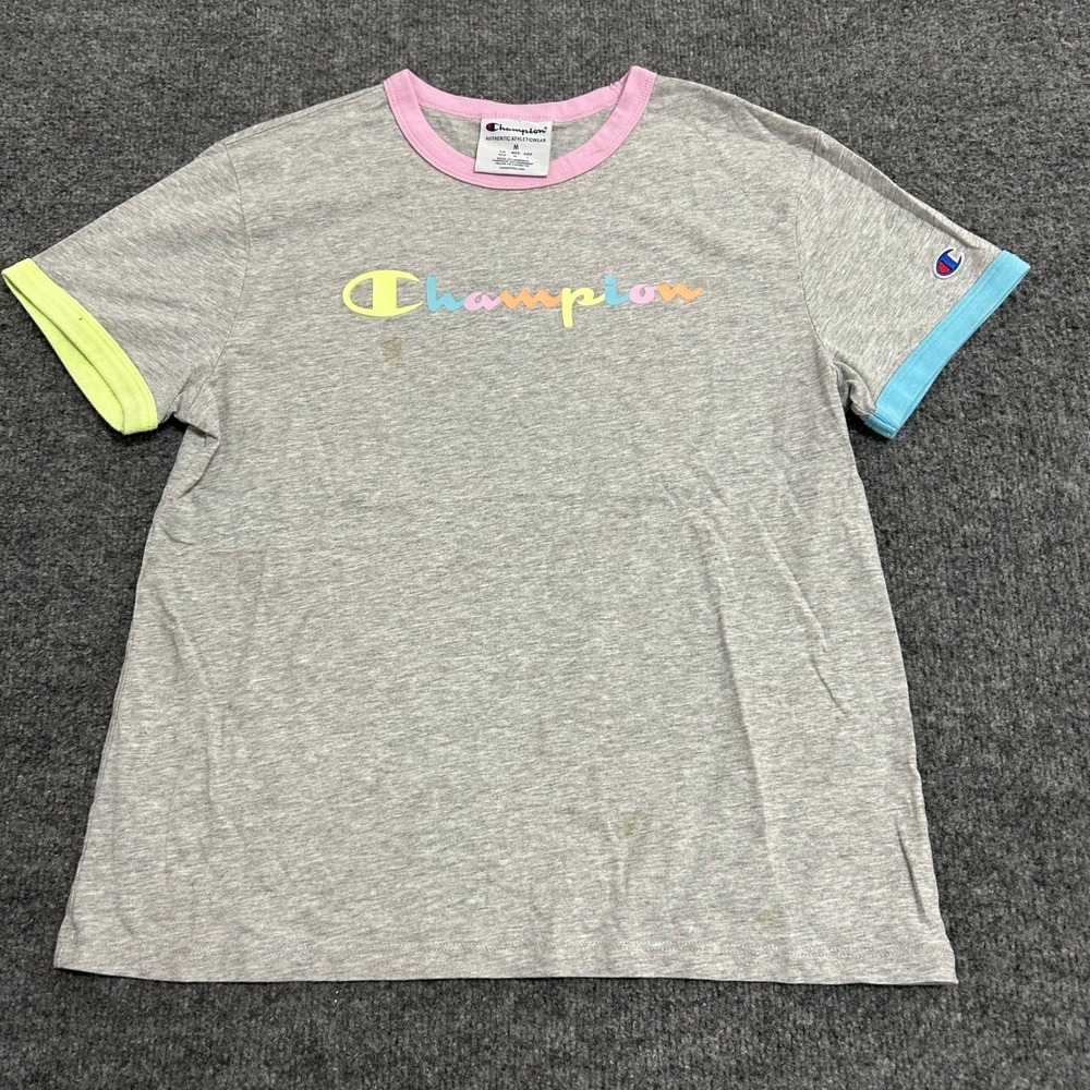 Champion T-Shirt Womens Size M Gray Ringer Pastel Rainbow Logo Short Sleeve